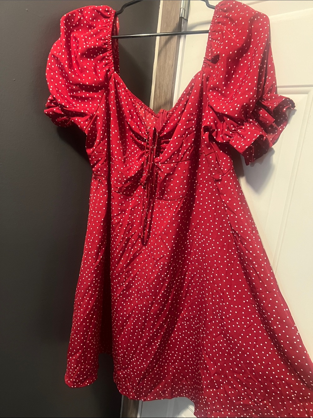 Red Polka Dot Puff Sleeve Mini Dress